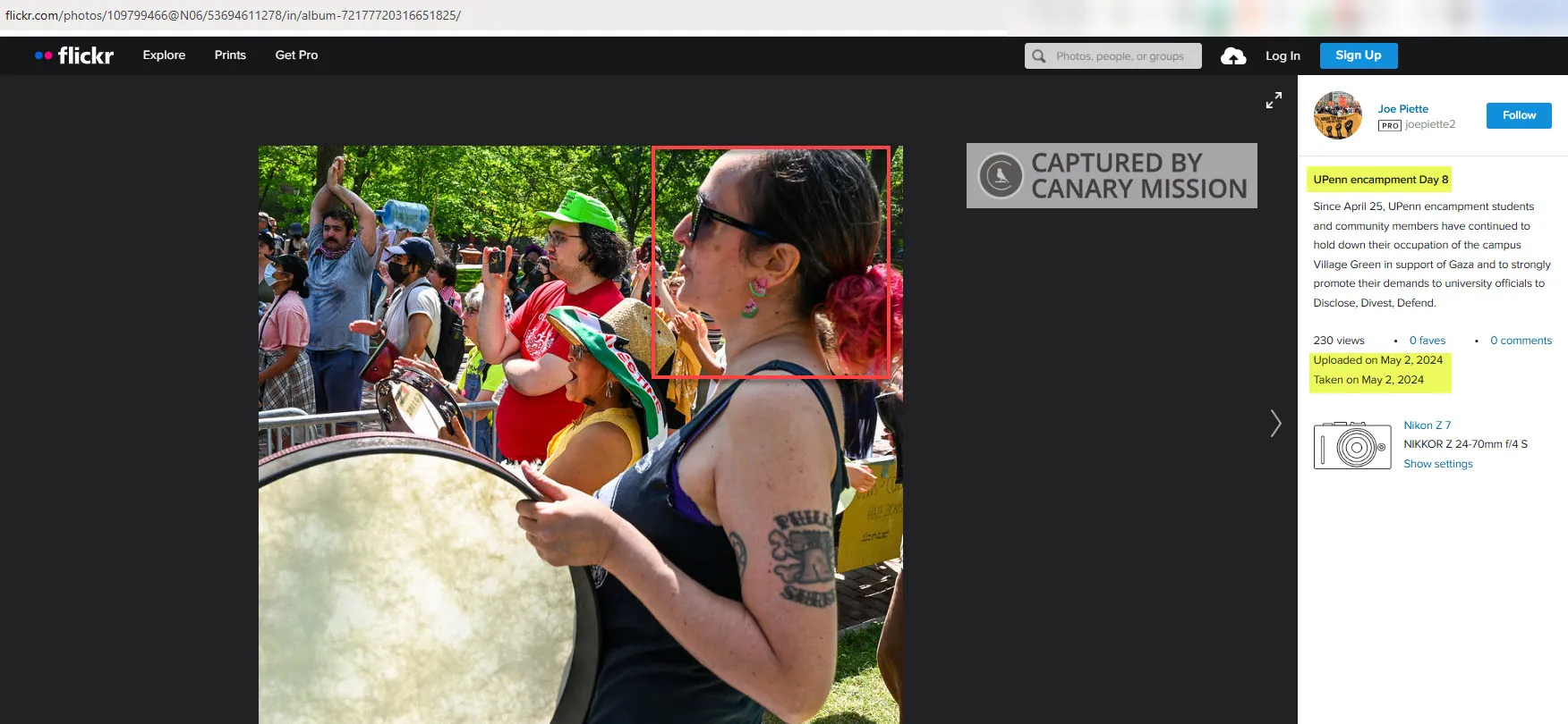 Audrey Hausig participating in the pro-Hamas encampment at Penn, May 2, 2024, Philadelphia, PA. Source: Flickr.