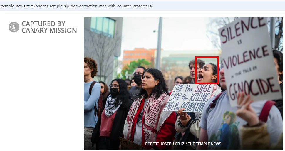 photo of her from an article about the event: https://temple-news.com/photos-temple-sjp-demonstration-met-with-counter-protesters/