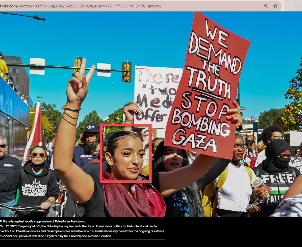 Nacy Abouakil October 12 2023 red sign, V for victory
