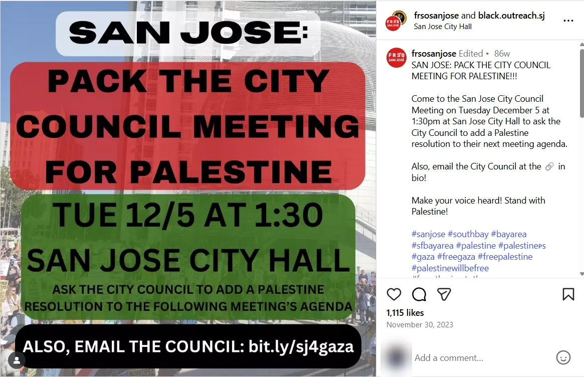 San Jose Pack the City Council Meeting for Palestine