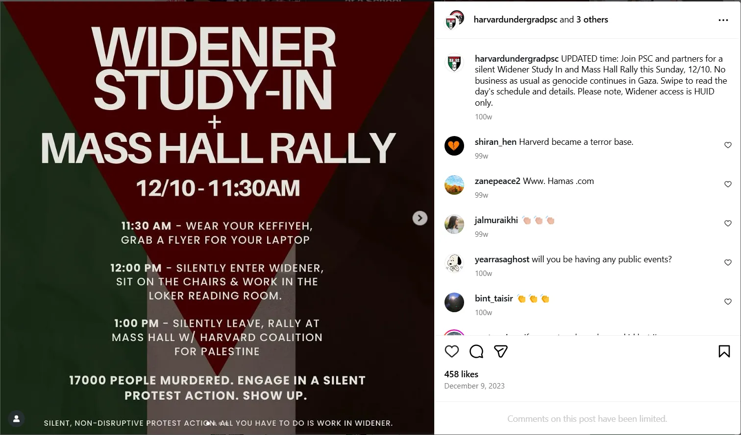 Widener Study-In and Mass Hall Rally - 12/10/2023