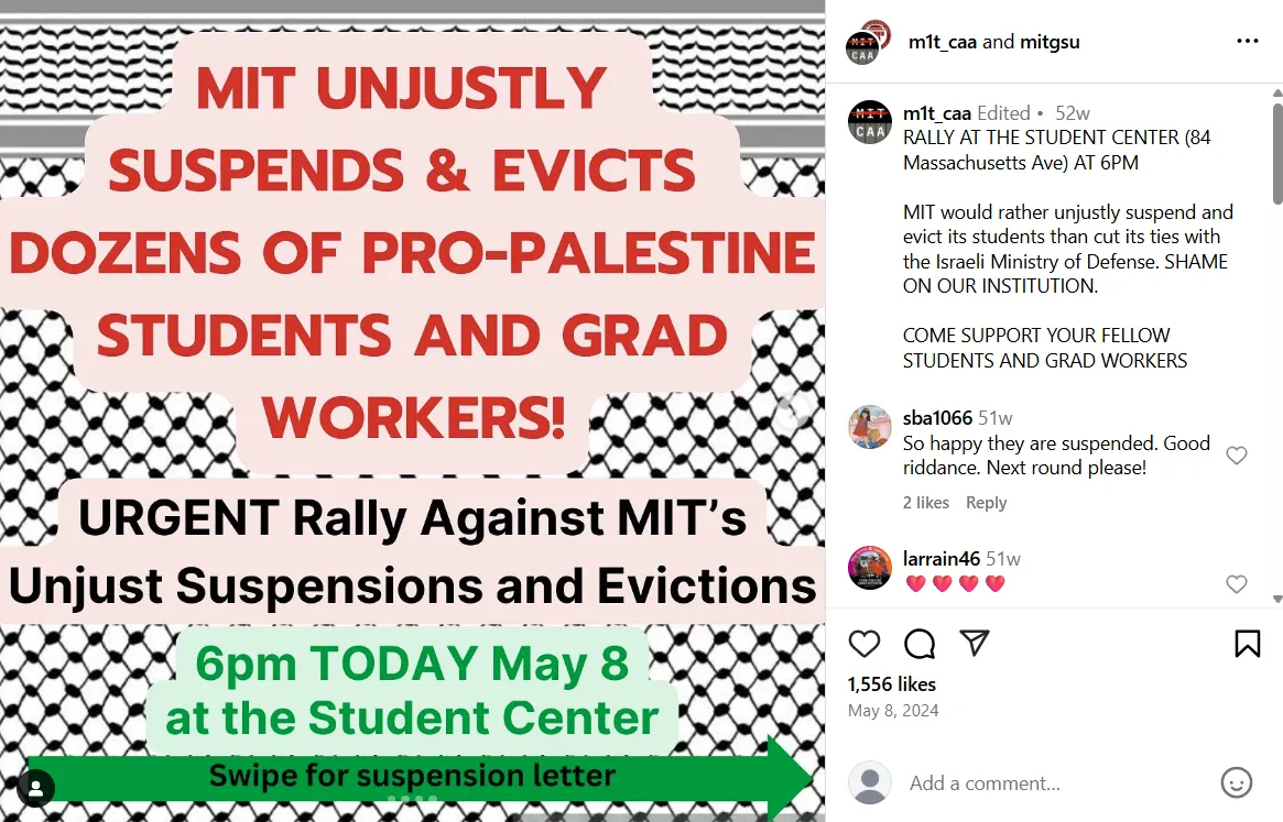 Urgent Rally Against MIT's Unjust Suspensions And Evictions - 5/8/2024