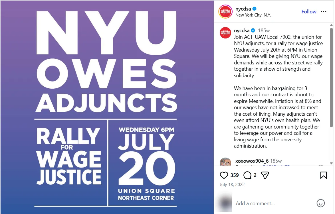 NYU Owes Adjuncts Rally for Wage Justice: July 20, 2022