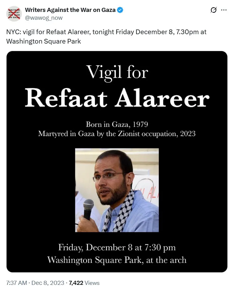 Vigil for Refaat Alareer - 12/8/2023